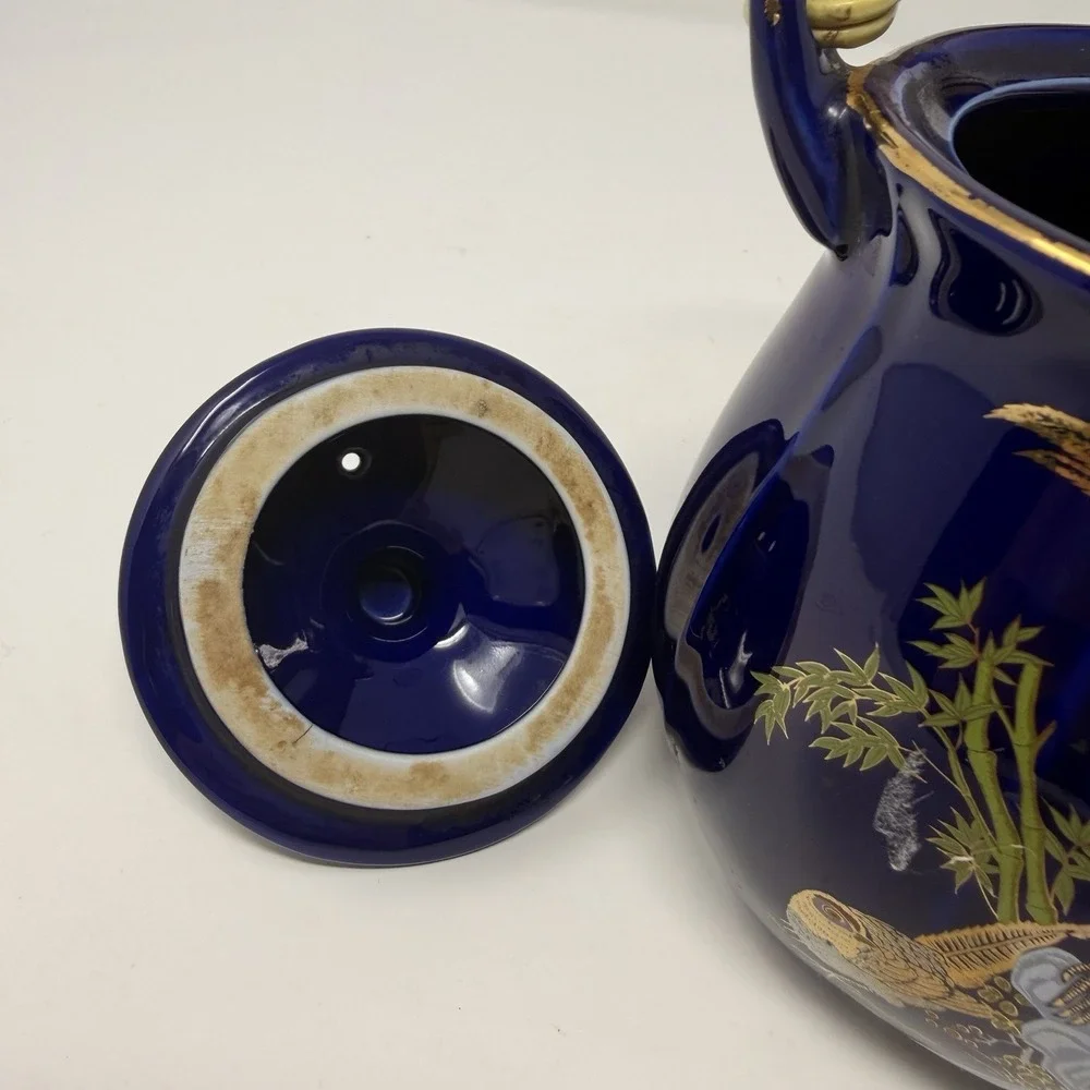 Vintage Japanese Cobalt Blue Gold Teapot Pheasant Bamboo Rattan Handle 7.5